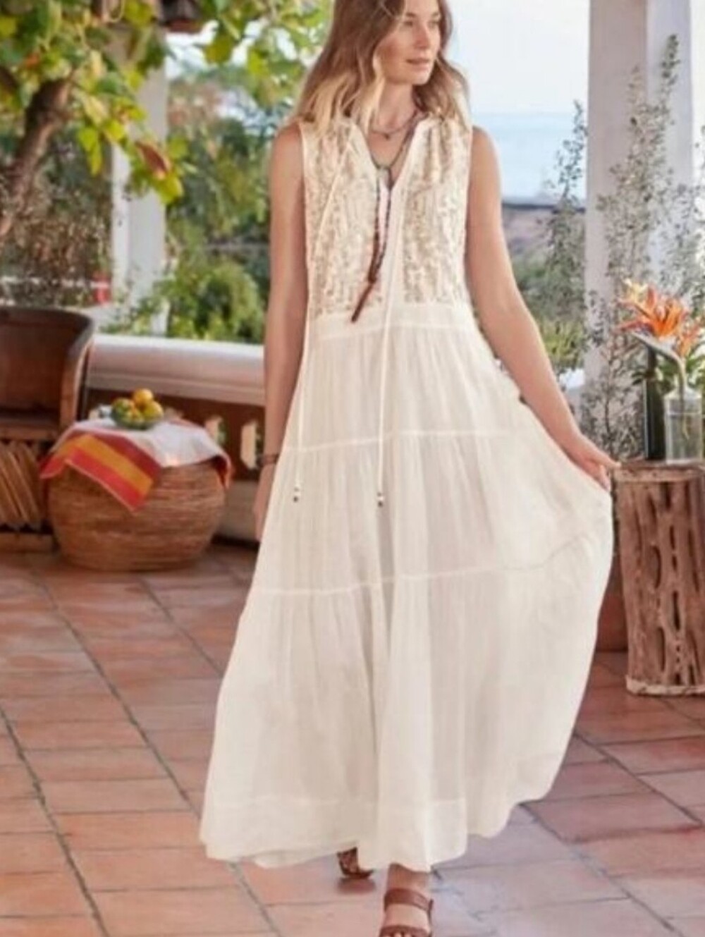 Sundance Verity Tiered White And Gold Sleeveless Embroidered Maxi Dress